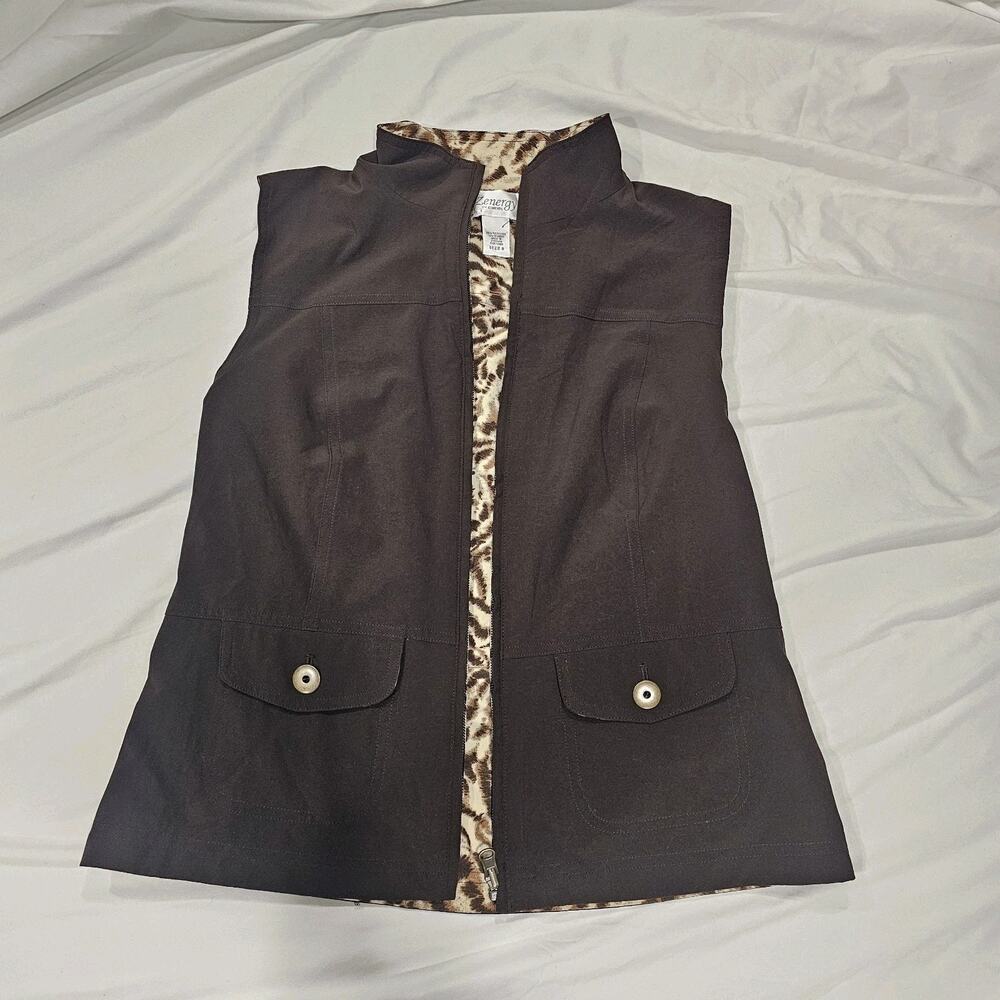 Z Energy Zenergy By Chico’s Brown Animal Print Full Zip Stretch Vest Jacket 2